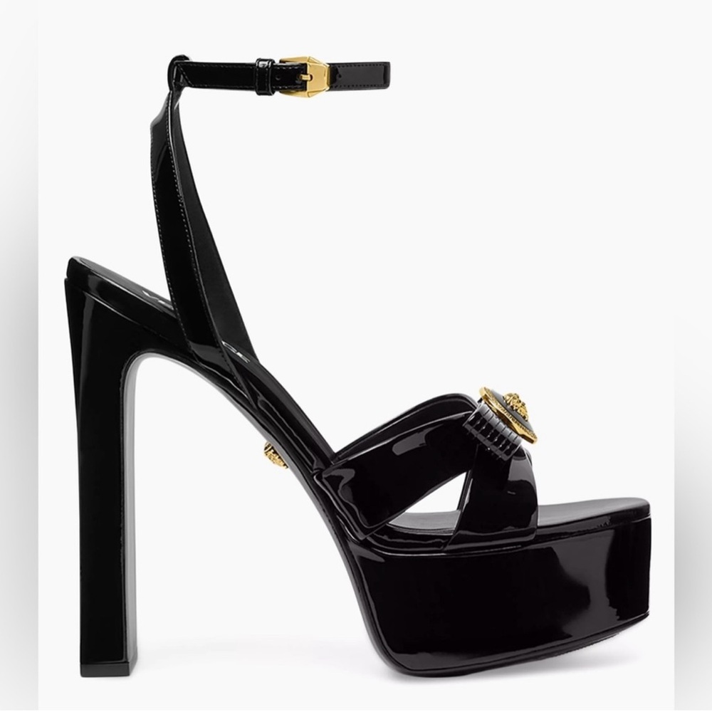 Versace Gianni Ribbon Platform Sandal Heels – Black/Gold – Size 10 – BRAND NEW - Picture 2 of 8